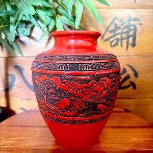 Japanese Flower Vase Red Cinnabar Lacquer Kabin Ikebana Kamakura Bori Ceremony